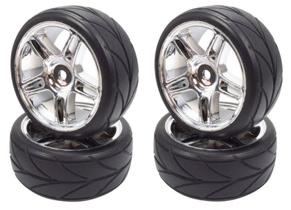 Apex RC Products 1/10 On-Road Chrome Split 5 Spoke Wheels & V Tread Rubber Tire Set #5006